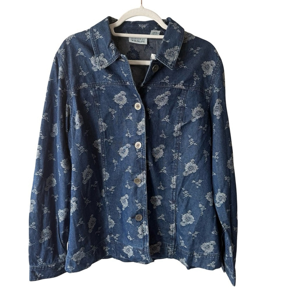 National Wildlife Women's Blue Floral Jean Jacket Size XL Boho Vintage Style